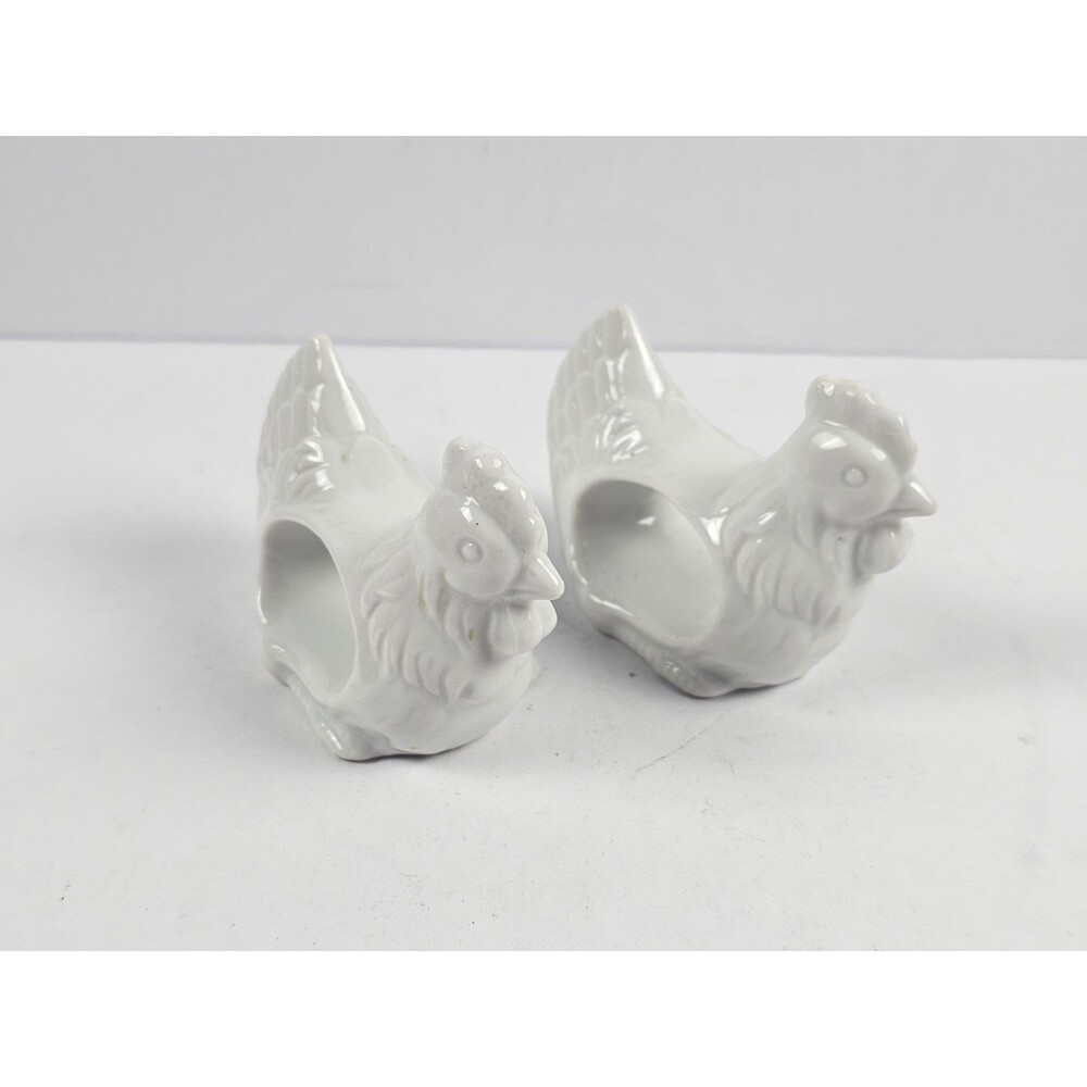 Shafford Ceramic White Chicken Hen Rooster Napkin Rings Vintage Set of 2